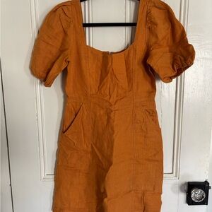 Madewell Orange Puff Sleeve Linen Dress